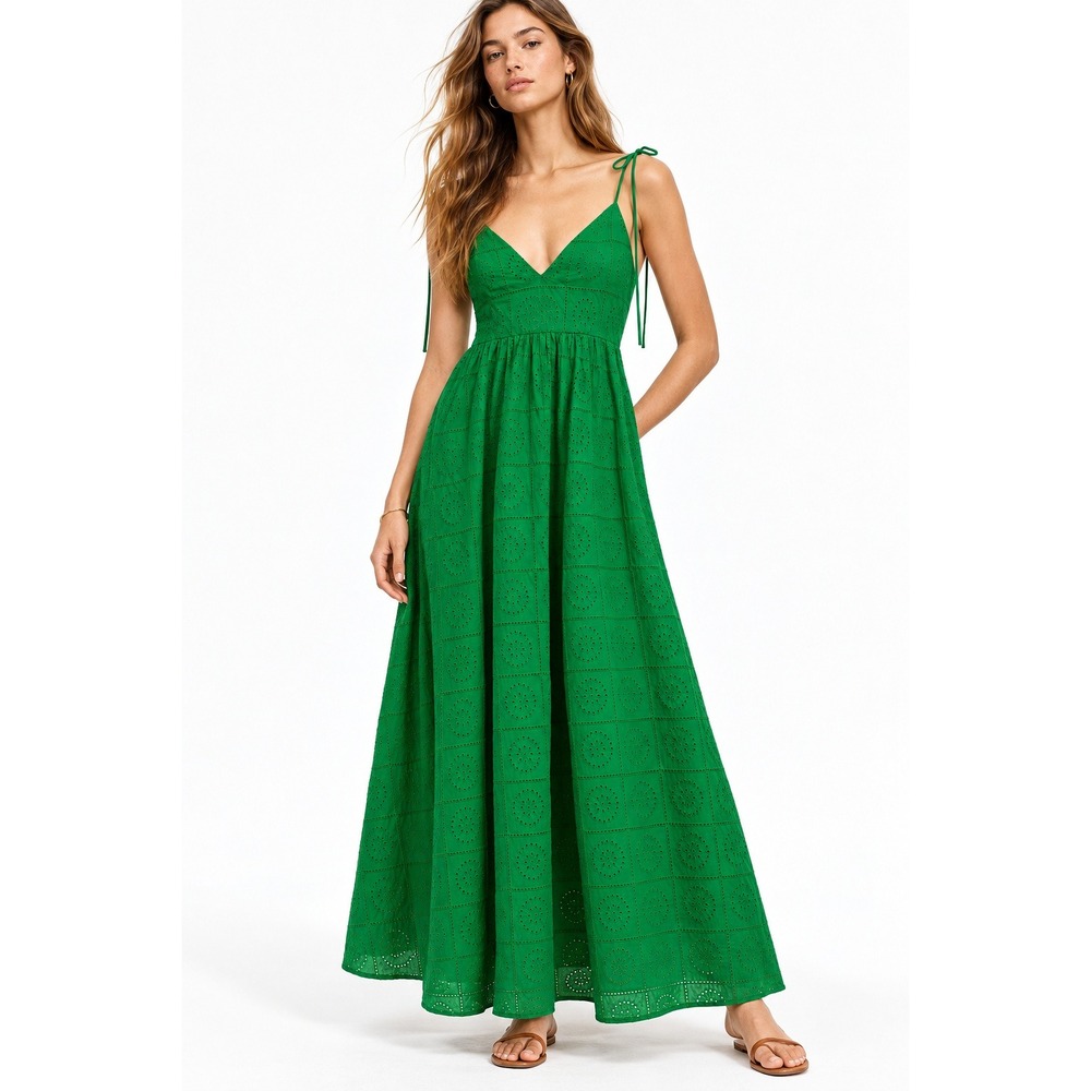 H&M Green Eyelet Embroidery Maxi Dress Cotton Tie Strap V-Neck XS NEW